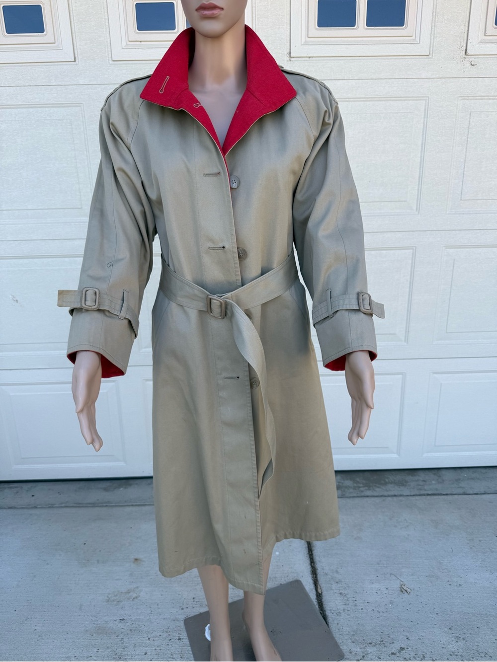 London Fog Khaki Trench Coat with Red Contrast Collar